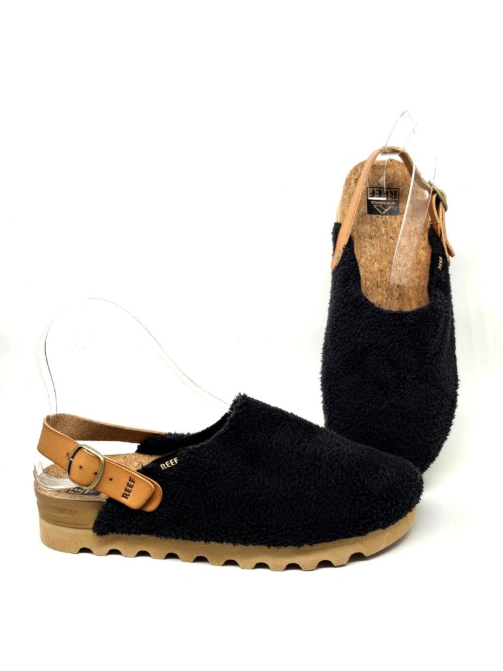 REEF Beach Bum Sage Black Faux Fur Sling Back Clog Mule Sandals Women's Size 9